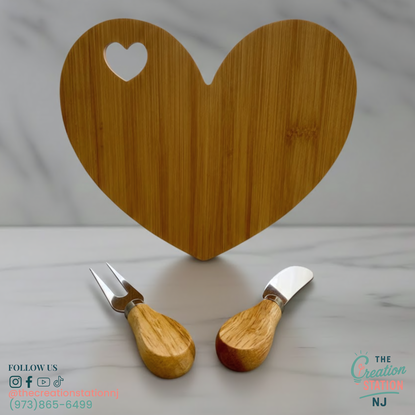Personalized Engravable Heart-Shaped Bamboo Cheese Board & Knife Set | The Creation Station NJ